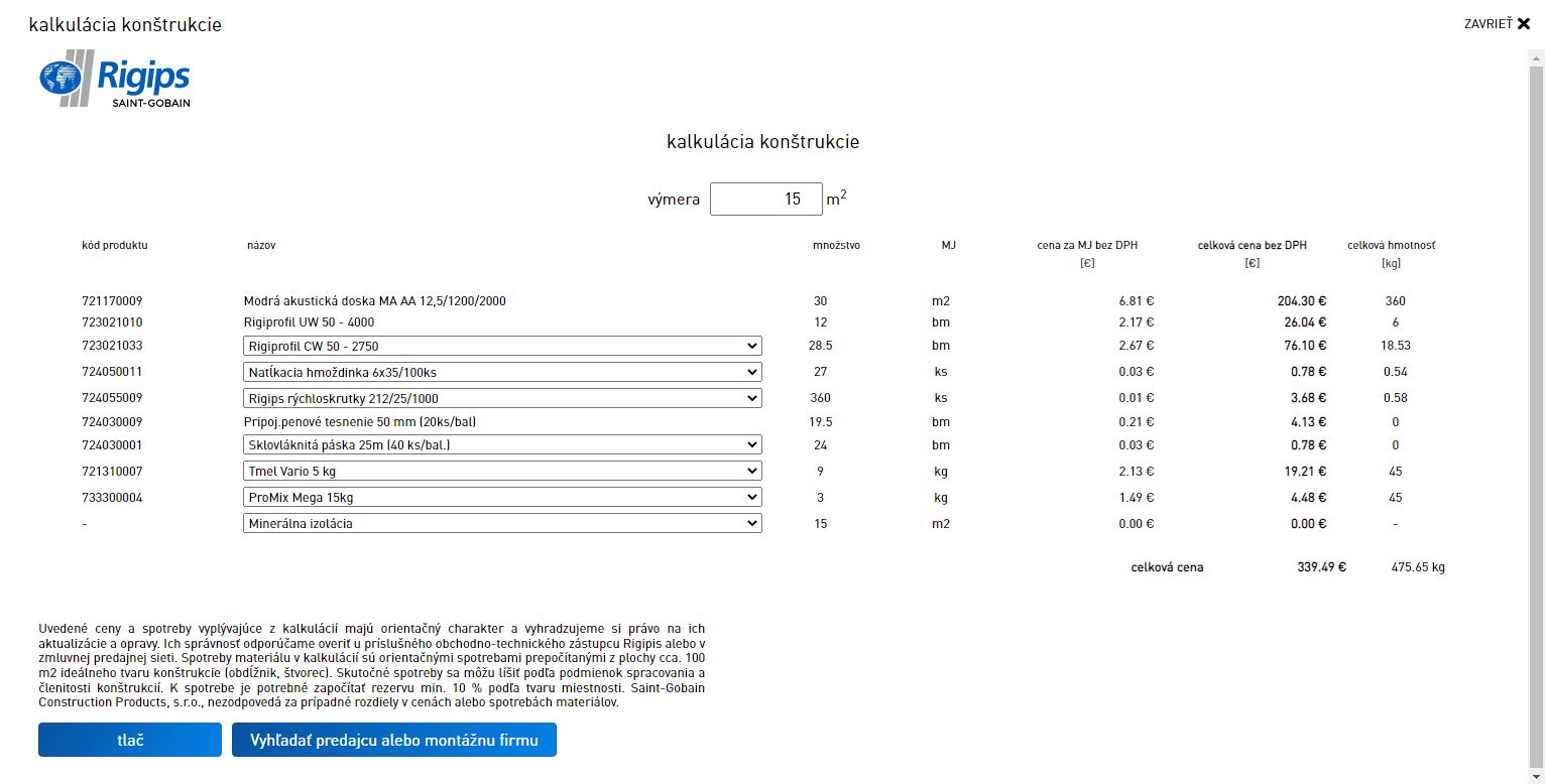 Selektor kalkulácia konštrukcie